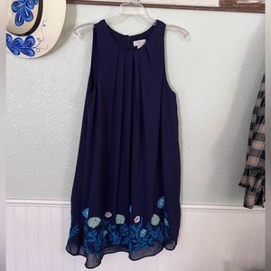 Loft Sleeveless Embroidered Floral Dress in Navy Blue